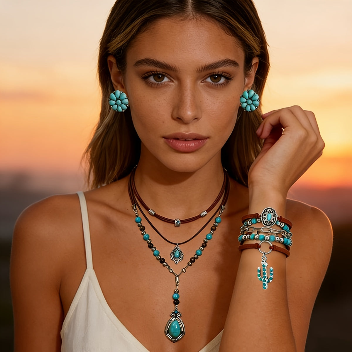 A Set of 8 Retro Western-Style Necklaces Featuring Synthetic Pine Stone And Cactus Flower Pendants, Designed for Women. Perfect for Casual Attire, Vacations, Festivals, Parties, Valentine's Day, Birthdays, And As Gifts