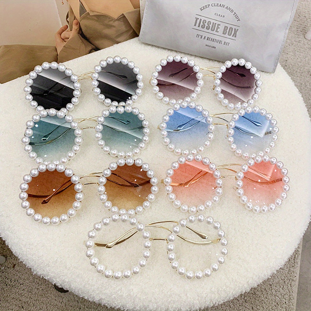 1pc New Round Frame Ladies Full Frame Pearl Glasses Design Sense Wave Shape Temple Fashion Golden Style Photo Gift Glasses Perfect for Summer Festival, Party Holiday Gift, Birthday Gift