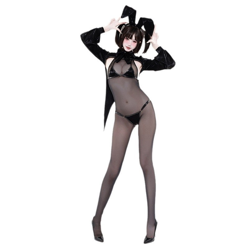 F-242 Shimmering Leather Bunny Girl Sexy Lingerie Halloween Set: Black Headband, Tuxedo-style Bodysuit