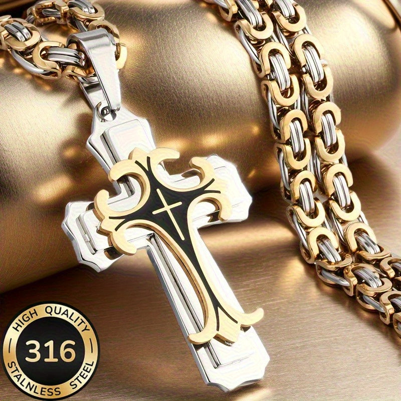 A Hypoallergenic, Elegantly Designed Double-Color Cross Pendant Necklace Made of 316 316 316L 316 316L Stainless Steel in Golden And, Perfect for Enhancing Autumn And Winter Attire, And an Ideal Valentine'S Day Present for a Loved One