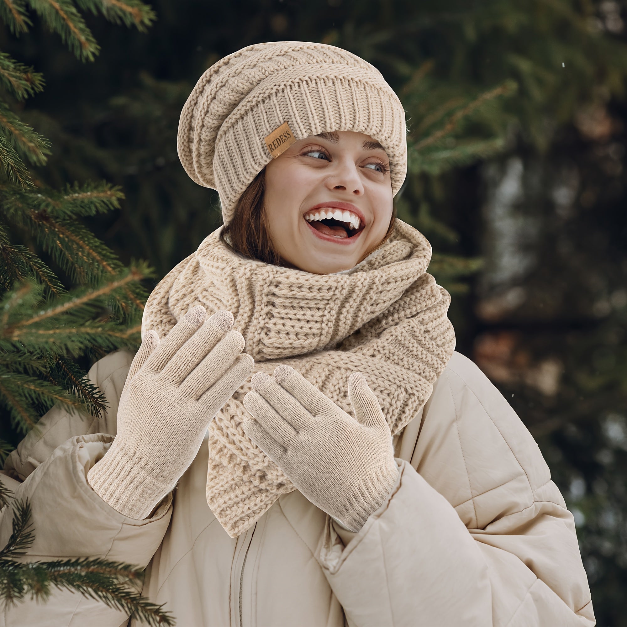Women'S 3-in-1 Winter Set: Hat, Long Scarf & Touchscreen Gloves - Soft Warm Neck Warmer, Elastic Fit for Smartphones/Camera Use, Elegant Solid Color (/PinkRed/) - Christmas & Thanksgiving Gifts for Women, Durable & Versatile Cold Weather Accessories