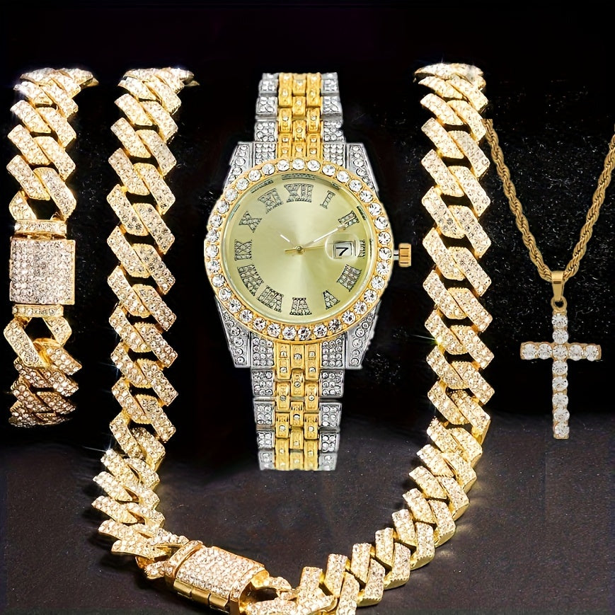 4pcs Men's Hip-Hop Rhinestone Jewelry Set with Quartz Watch (Calendar & Analog) & Matching Cross Pendant Necklace & Bracelet - & Special Occasion, Luxury Gift for Him - Low-Voltage Operation Suitable for Parties, Nightclubs, Weddings, Casual Attire