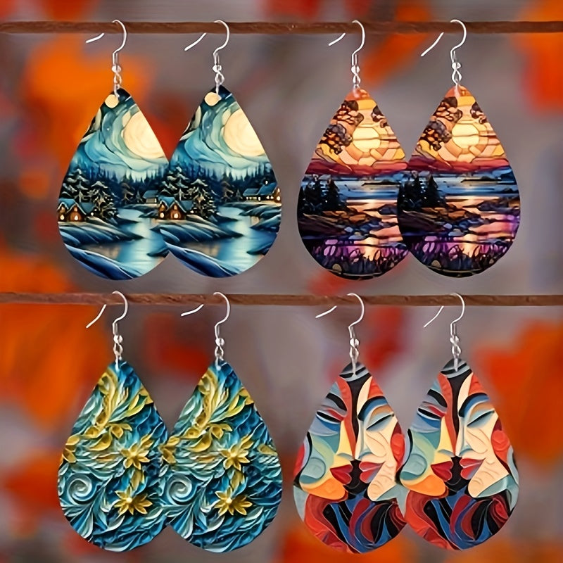 16 Pairs of Mix and Match Pattern Water Drop Double Layer Bohemian Creative Popular Simple Temperament Color Pattern Water Drop Earrings, Ladies