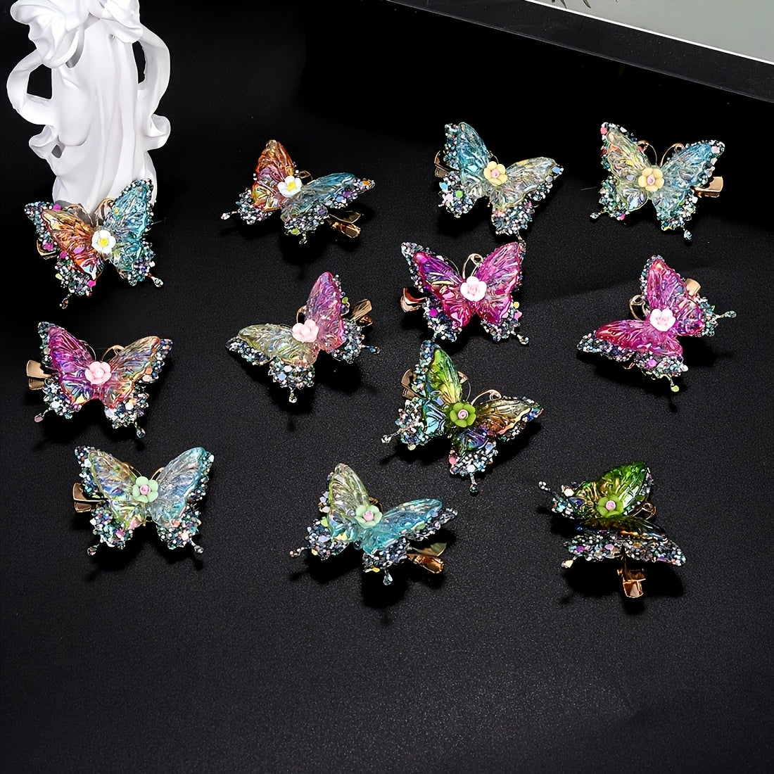 12pcs/set New Luxury Shiny Sequin Double-layer Butterfly Clip, Women'S Fashionable Double-layer Acrylic Butterfly Hair Clip, Suitable For Daily And Holiday Party Wear, Women'S Y2k Headwear Hair Accessories