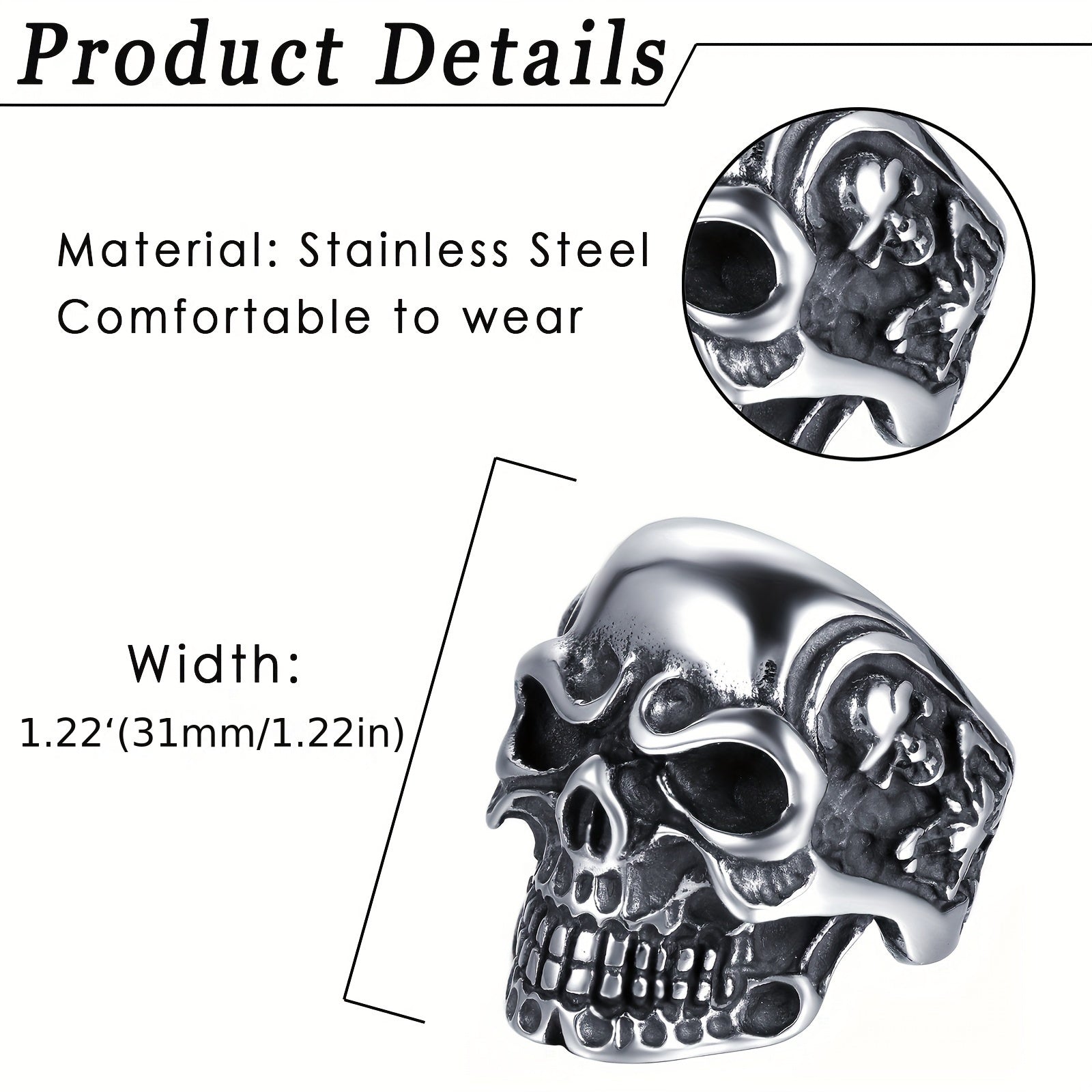 Flongo Men'S Vintage Gothic Skull Stainless Steel Ring Biker Cocktail Party Band Size 7-15