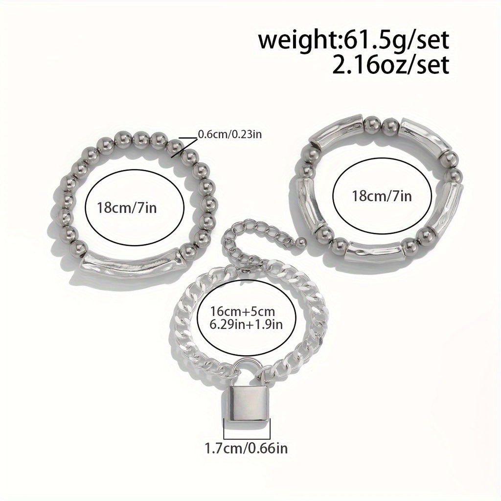 3pcs 925 Silver Exquisite Silvery Beaded Punk Bracelet Set with Lock Pendant