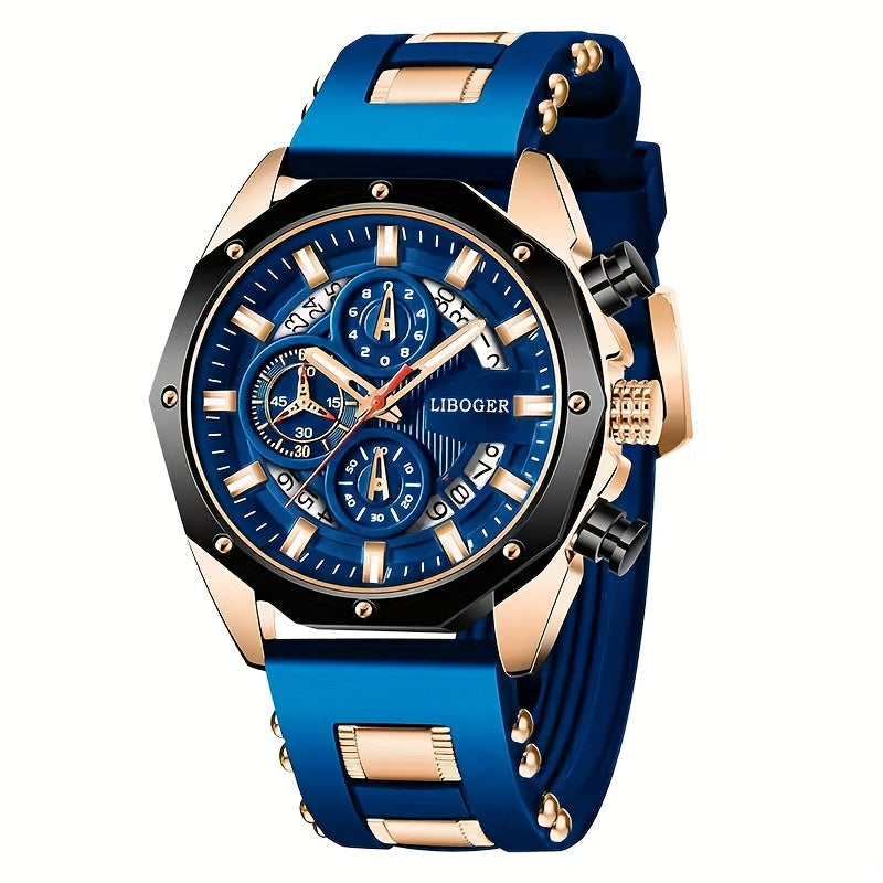 Men's Luxury Large Dial Chronograph Wristwatch - Blue & Golden Analog Watch with Day/Date/Month Display, Quartz Movement, 24H Chronograph, High Quality 1181.1inch, Elegant Brown Strap & Golden Buckle, Multi-Functional Business & Sports Watch for Formal &