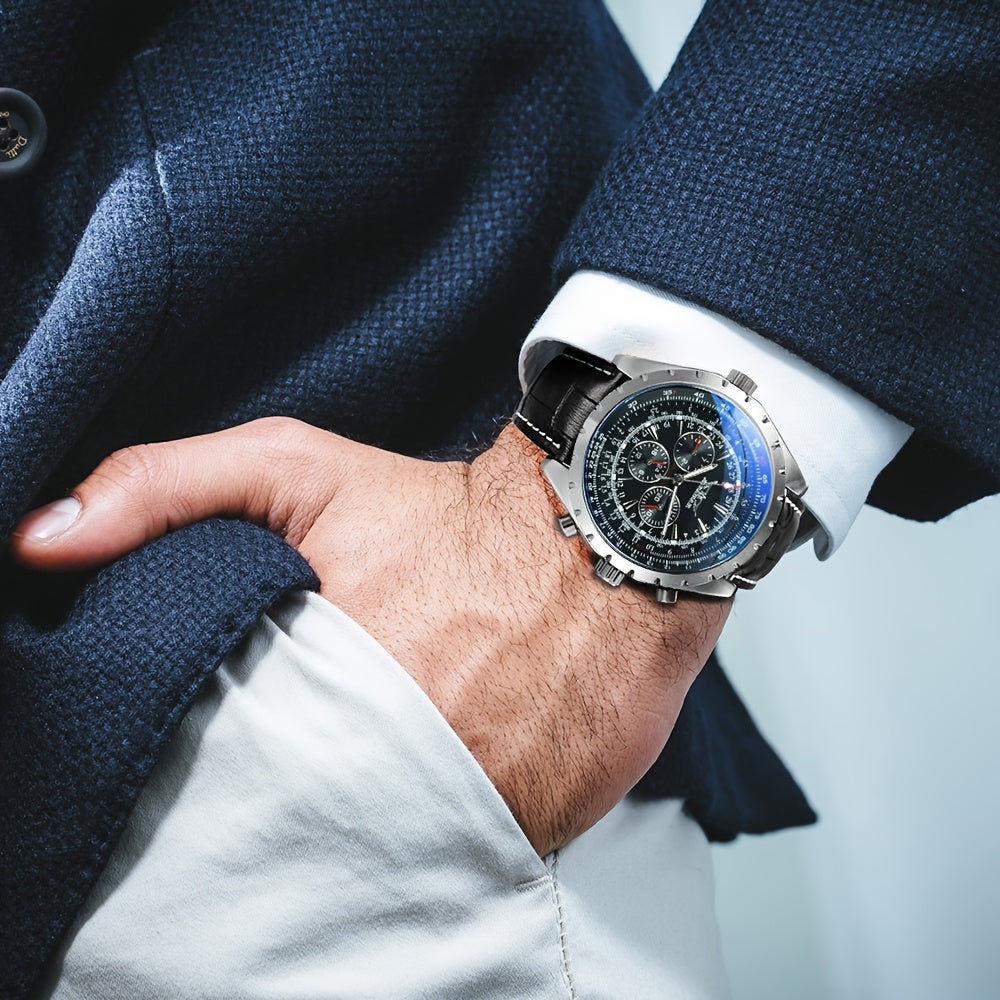 1pc Pilot Sports Automatic Mechanical Watch for Men Fashion Multifunctional Small Dials Week 24 Hours Display Calendar Business Casual Mens Watches Top Brand Luxury New Year Birthday Festival Gifts