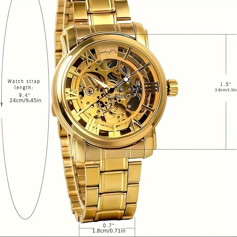 Luxury Men'S Stainless Steel Transparent Skeleton Automatic Mechanical Wrist Watch, Without Battery
