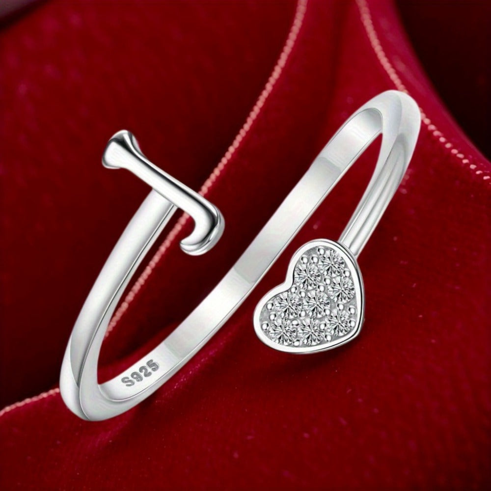 1pc 925 Sterling 925 Silver Letter Heart Initial Rings for Men Initial Heart Stackable Rings Adjustable Initial Rings for Men Cute Heart Alphabet Valentine's Day Jewelry Gifts, the best Christmas gift, Total weight of the product (3.2g)