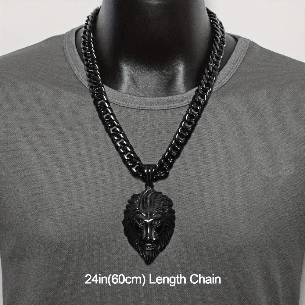 Majestic Lion Head Pendant Necklace Durable Stainless Steel Cuban Chain Fashion Black End Men'S Bold Statement Jewelry
