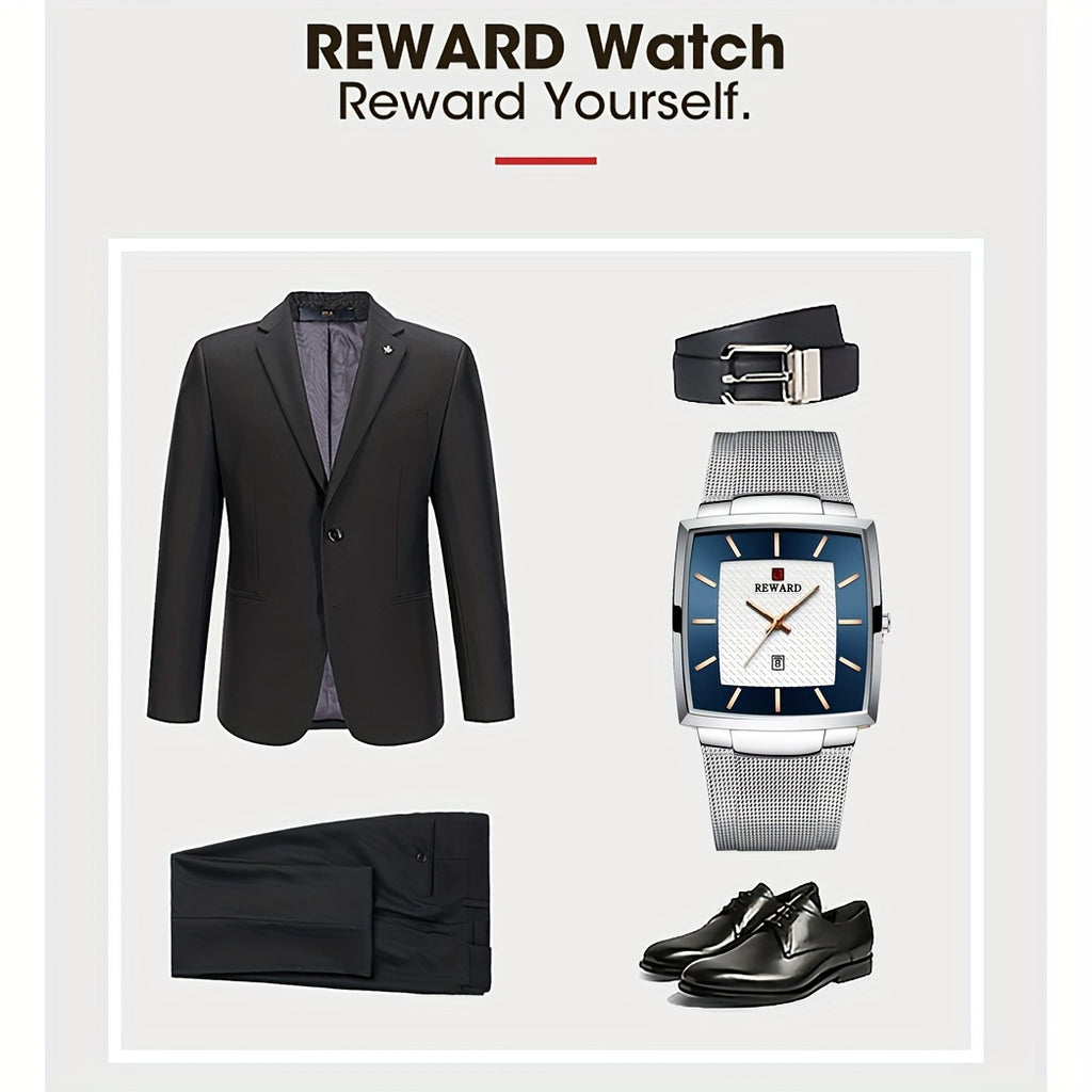 REWARD Fashion Watches Men Top Luxury Brand Square Blue Men's Wristwatch Stainless Steel Quartz Clock Male