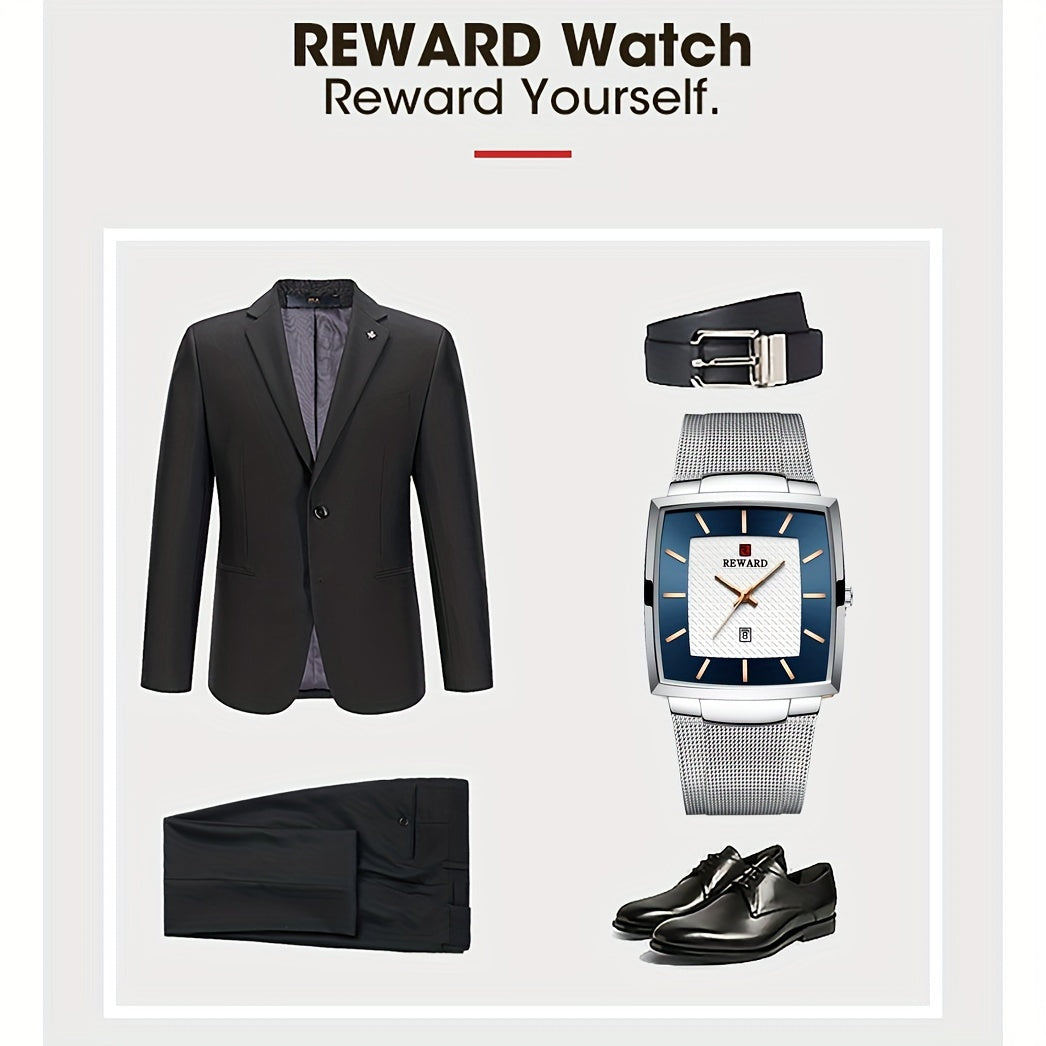 REWARD Fashion Watches Men Top Luxury Brand Square Blue Men's Wristwatch Stainless Steel Quartz Clock Male