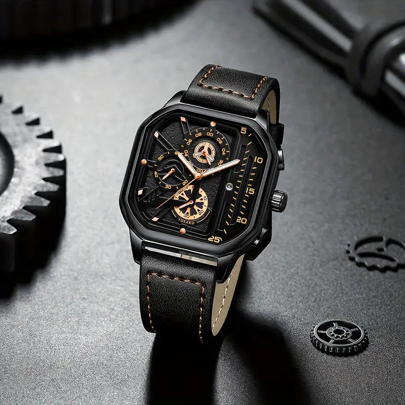 [Valentine's Father's Day Gift] 2pcs/set Luxury Sports Mens Watches For Men With Triangle Dial & Silicone Strap, Chronograph-like, Retro Square Dial & Faux Leather Starp Men Watches, Date Display, Dress Watch For Casual, Valentine's Father's Day Gift, Rel
