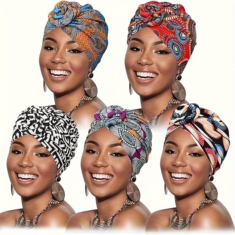 5pcs Women' African Turban Headwraps Suitable for Bohemian Knot Headbands, Pre-Knotted Beanie Hair Covers with Multicolor Knots, Daily Wear & Special Occasions, Cultural Hair for Parties, Weddings,
