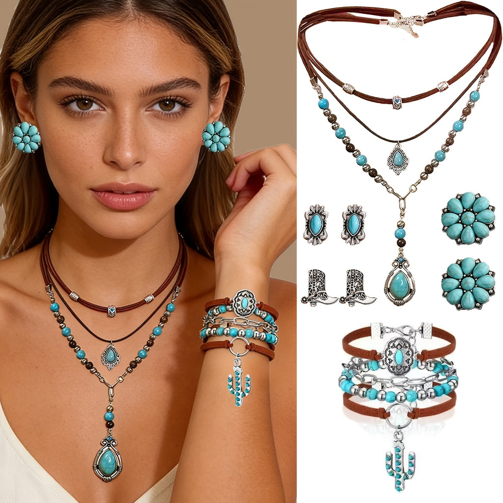 A Set of 8 Retro Western-Style Necklaces Featuring Synthetic Pine Stone And Cactus Flower Pendants, Designed for Women. Perfect for Casual Attire, Vacations, Festivals, Parties, Valentine's Day, Birthdays, And As Gifts