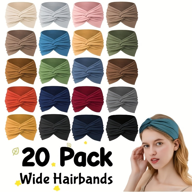 20pcs Solid Color Absorbent Wide Headband Elastic Sports Headscarf, Suitable for Fitness, Yoga, Running, Cycling, Basketball, Everyday Hair, Valentine'S Day Gift. Wide And Soft Stylish Bohemian Headband Elastic Yoga Hairband