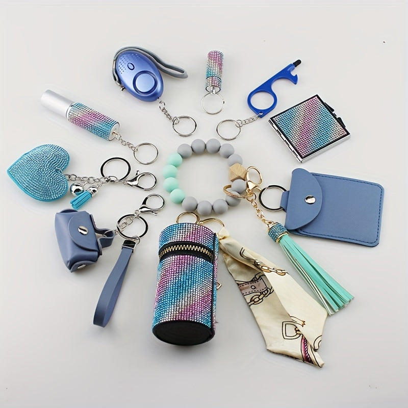 11pcs Chic Keychain Accessory Set with Sparkling Polka Dot Perfume Bottle, Heart & Tassel Charms, Includes Battery & Card Holder - Perfect for Stylish Individuals, Bag Charm Set|Colorful Keychains|Metallic Finish, Cute Keychains