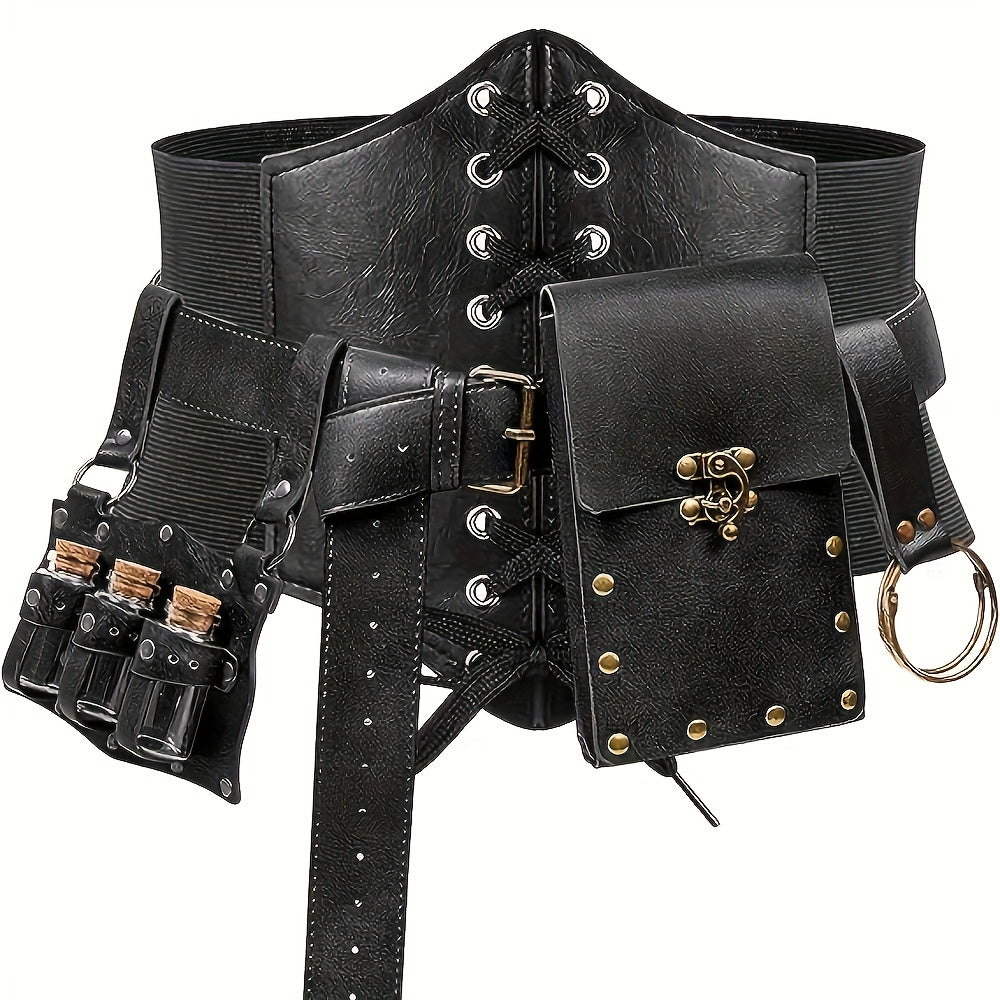 5pcs Renaissance Costume Set: PU Belt, Corset, Potion Bottle, Sword Sheath, and Hook - Perfect for Medieval Festivals and Halloween Cosplay for Adults