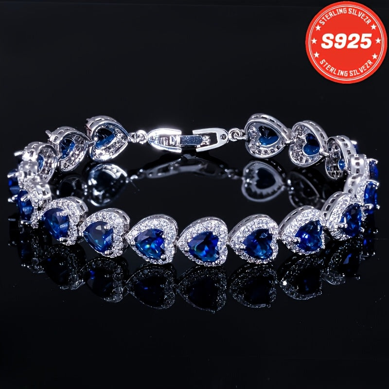 S925 Pure Silvery Fashionable And Exquisite- High-end Blue Heart-shaped Full-Moissanite Bracelet- Suitable For Giving To Sisters, Mothers, Anniversary, Christmas, Thanksgiving, Valentine'S Day, Total Weight Of The Product (4.11g)