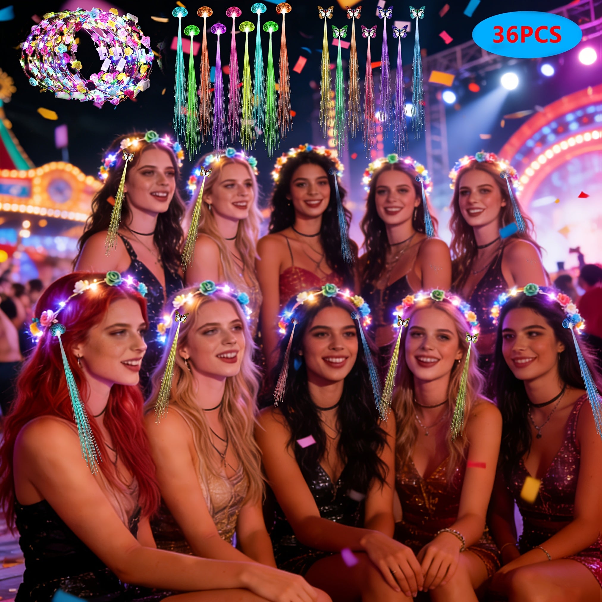 36pcs Luminous Headwear (12* Headwear Glowing Garland, 12* Transparent Braids, 12* Butterfly Braids) Are Suitable For Christmas Cosplay, Halloween, Wedding, Birthday Party, Photography, Concert