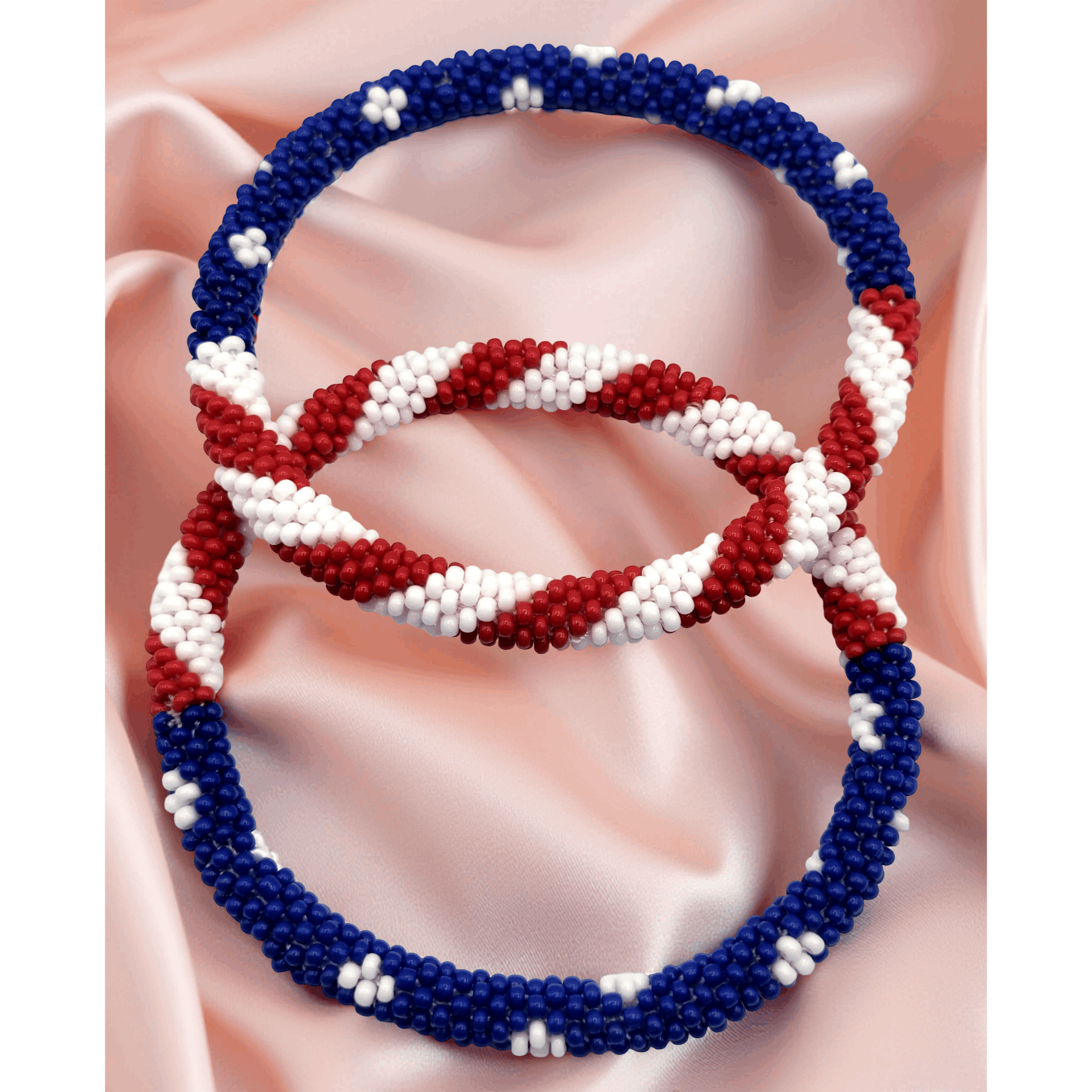 Set of 2 Handmade USA Flag Patriotic Color Design Bracelet Jewelry From Nepal – Glass Beaded Roll-On Crochet Bracelets for Men & Women, Boho Hippie Style, Artisan-Roll-On Bangles, Great Gift for USA Lovers Vacation Style Nepal Artisanship, Patriotic Wrist