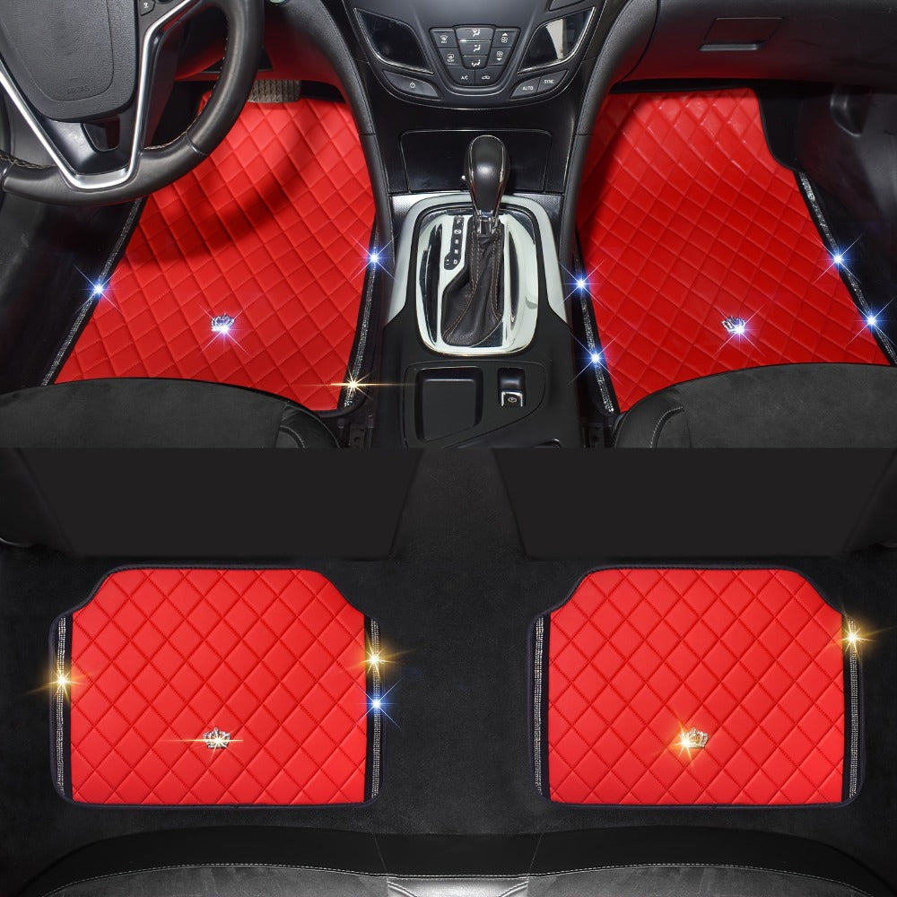 Red Black PVC Embroidery Inlaid Glitter Glowing Crown Artificial Rhinestone Car Foot Pad Easy To Clean Unisex