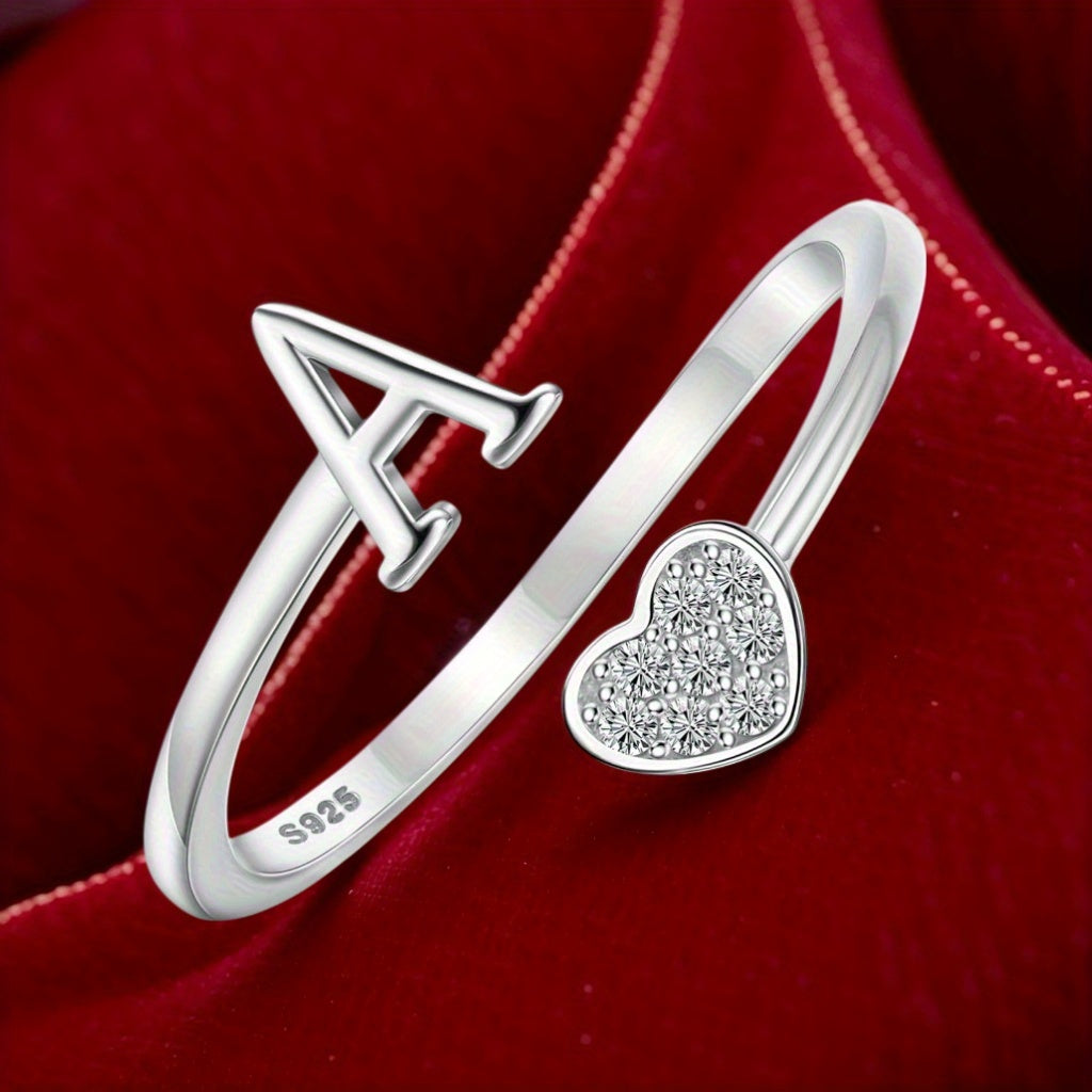1pc 925 Sterling 925 Silver Letter Heart Initial Rings for Men Initial Heart Stackable Rings Adjustable Initial Rings for Men Cute Heart Alphabet Valentine's Day Jewelry Gifts, the best Christmas gift, Total weight of the product (3.2g)