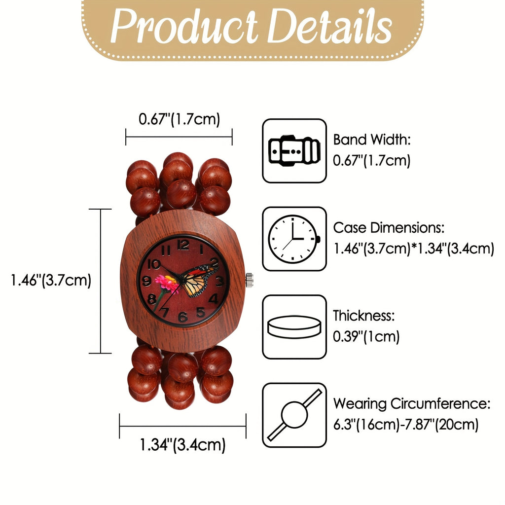 Women Wood Beaded Elastic Bracelet Band Watch Butterfly Dial Arabic Numerals Analog Quartz Boho Wristwatch