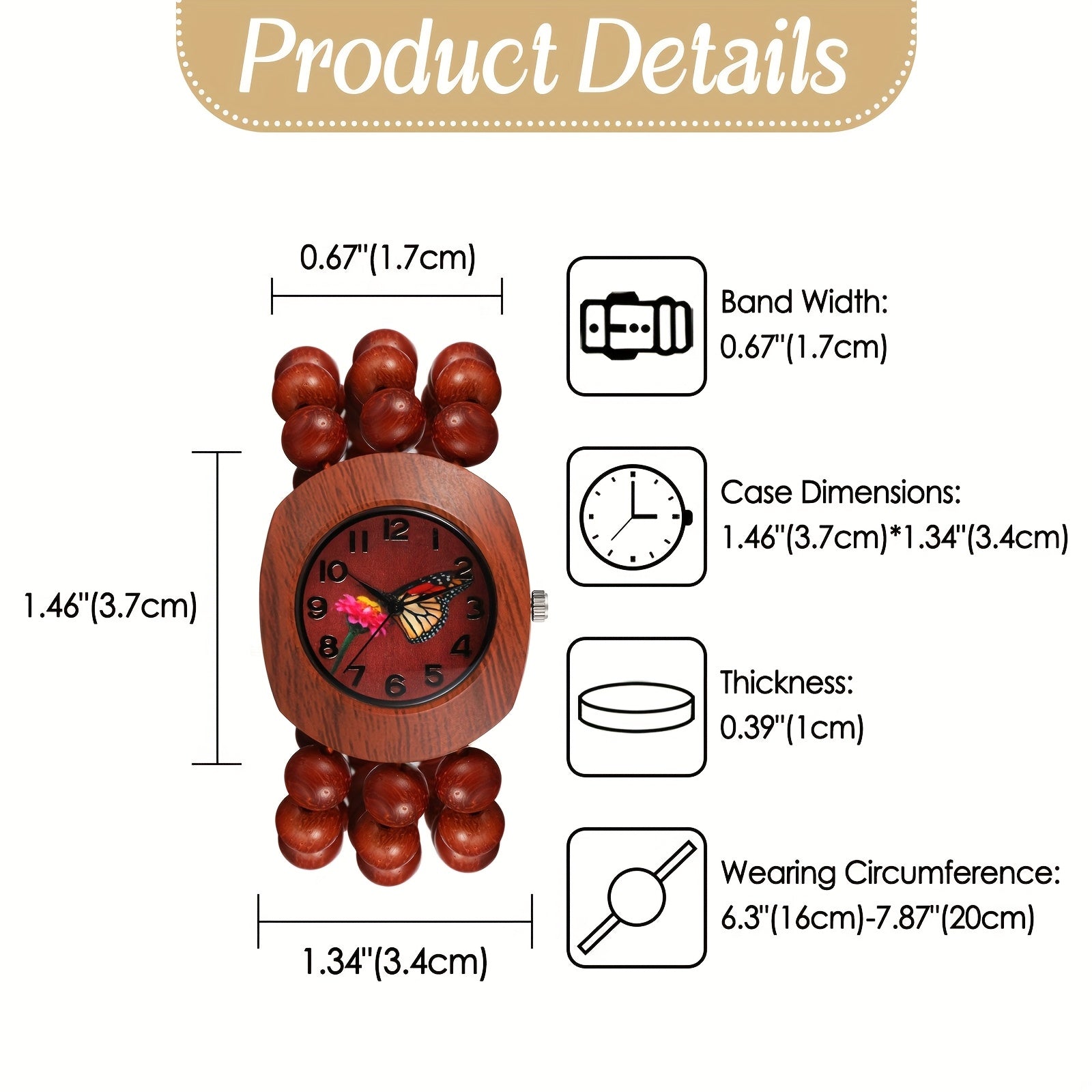 Women Wood Beaded Elastic Bracelet Band Watch Butterfly Dial Arabic Numerals Analog Quartz Boho Wristwatch