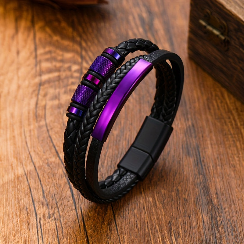1 Purple Accessory, Leather Bracelet, Men's Woven Bracelet, Unisex Leather Bracelet.  PU Leather Magnetic Buckle Men's Party Strap - Fashionable Accessory, Durable Material, Easy to Wear Design Suitable for Casual Occasions