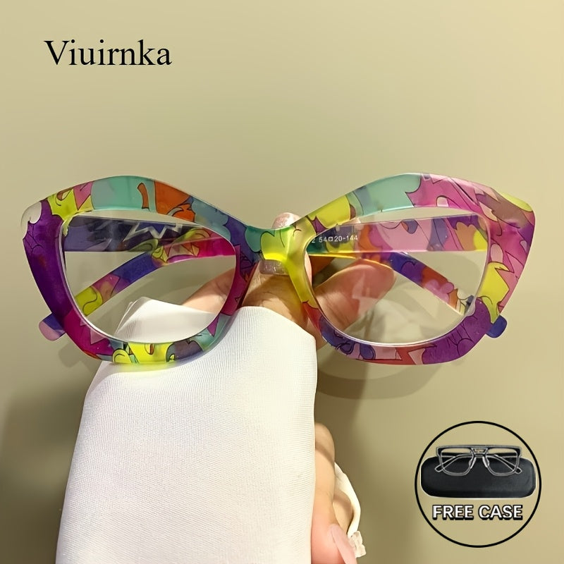 VIUIRNKA Women's Glasses, Trendy Colorful Cat Eye Frame Fashion, Blue Light Blocking PC Lenses with Metal Hinges & Case, Lightweight Retro Square Design, Cool Quality Event Wear, Trending Holiday Gifts