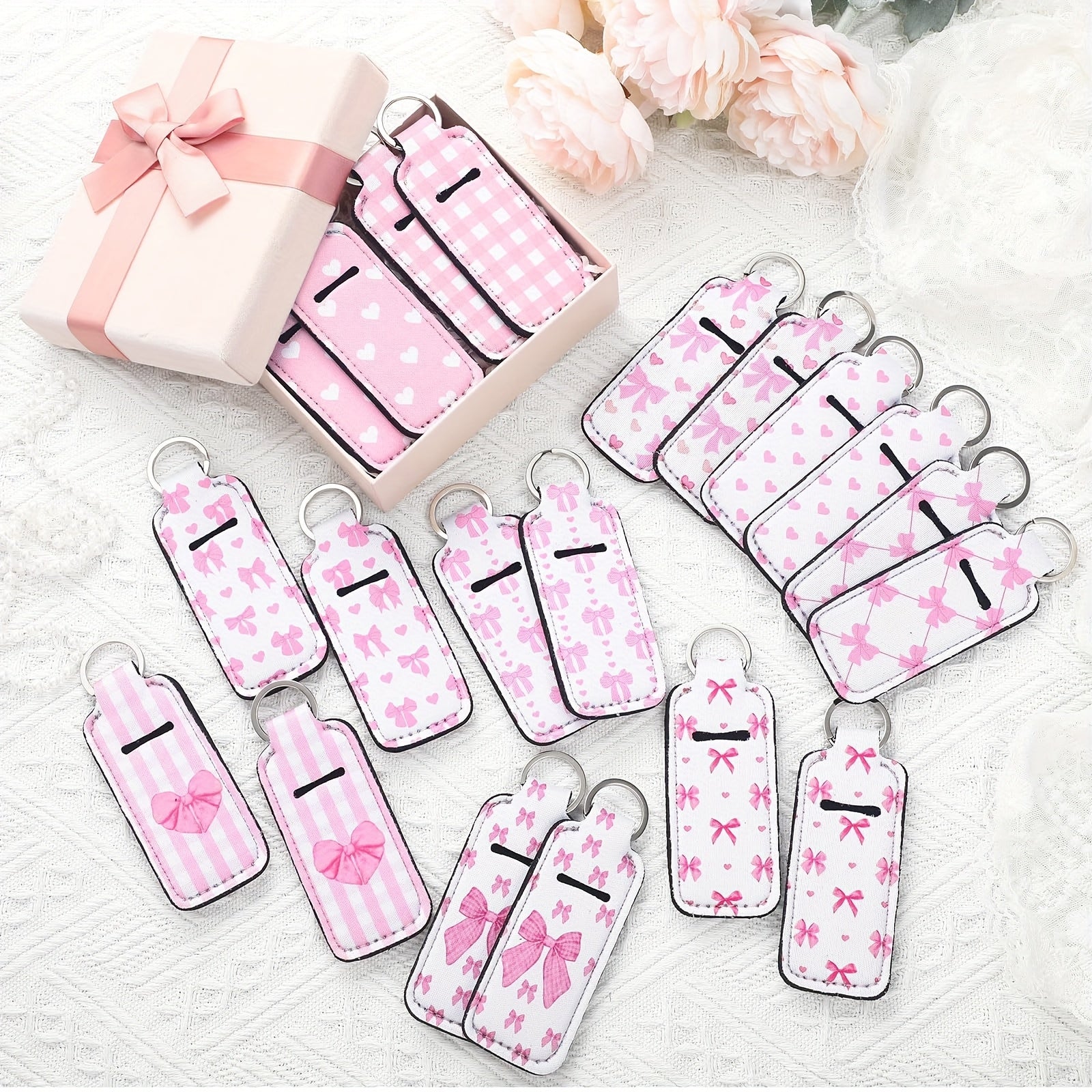 20pcs Coquette Pink Bow Lipstick Holder Keychain Bulk With Portable Clip On Lip Gloss Sleeve Pouch Keychain Coquette Birthday Party Favor Pocket Lip Balm Holder