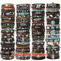 12/32/48pcs Mix Random Style Bohemian Vintage Western Pu Leather & Turquoise Beaded Bracelet Set, Multilayer Woven Faux Leather Bangle with Feather & Floral Charms, Unisex Fashion Jewelry for Women Men Daily Wear