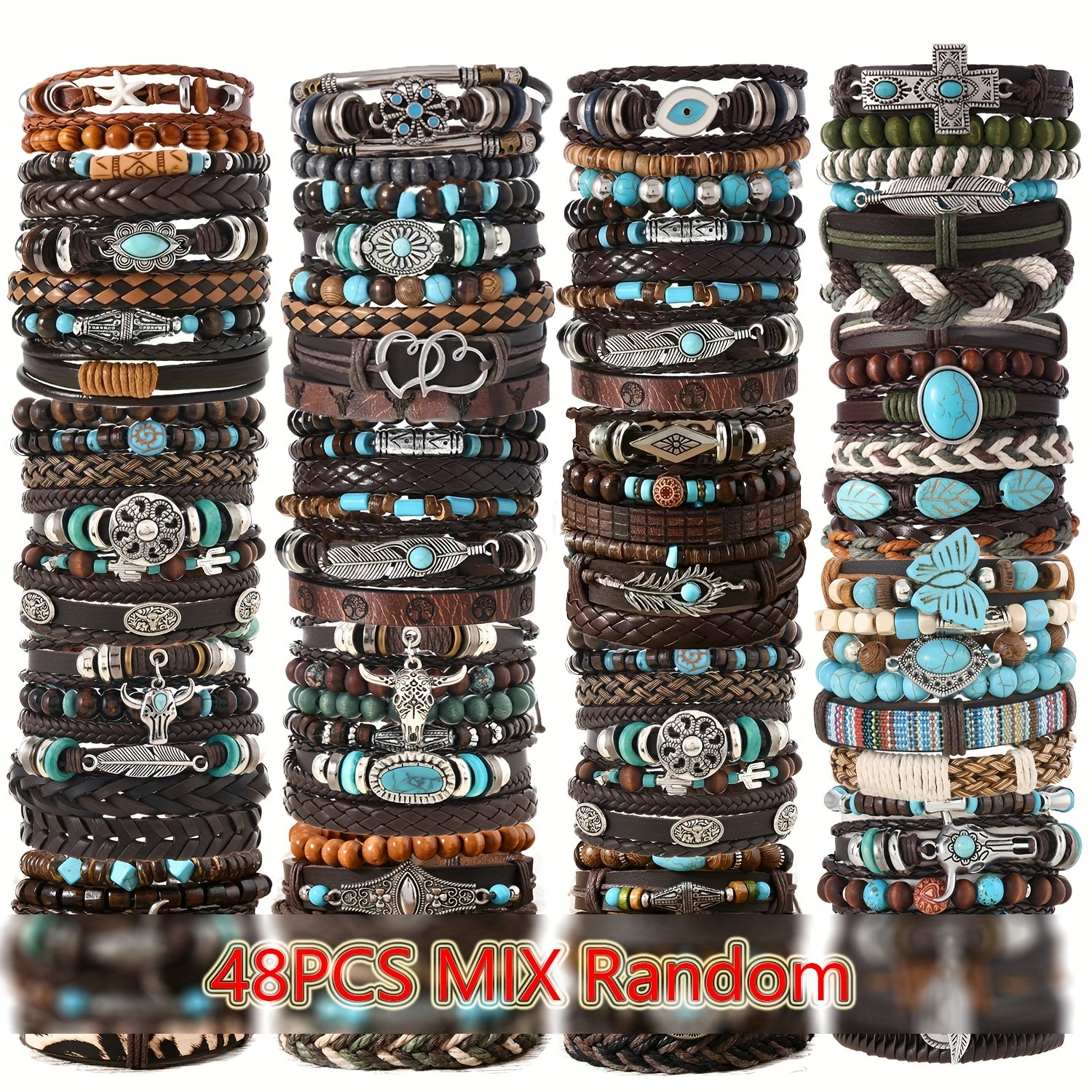 12/32/48pcs Mix Random Style Bohemian Vintage Western Pu Leather & Turquoise Beaded Bracelet Set, Multilayer Woven Faux Leather Bangle with Feather & Floral Charms, Unisex Fashion Jewelry for Women Men Daily Wear