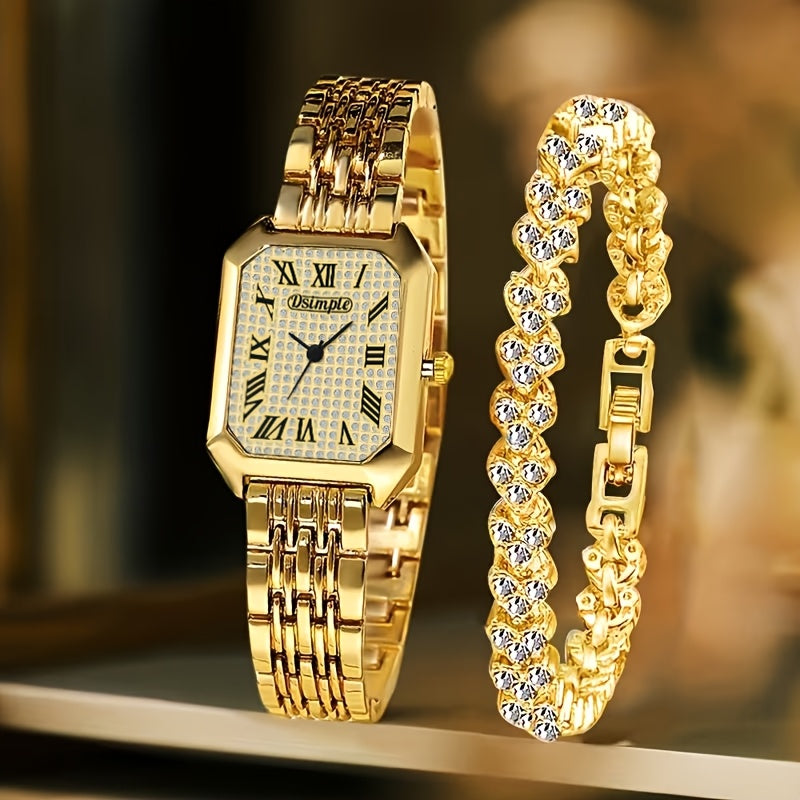 2pcs Women's Elegant Retro Watch Set - Luxury Heart Chain Quartz Watch with Rectangular Dial & Stainless, Court Style Analog Wristwatches for Easter, Wedding, or Casual Attire - Classic Timepiece Gift