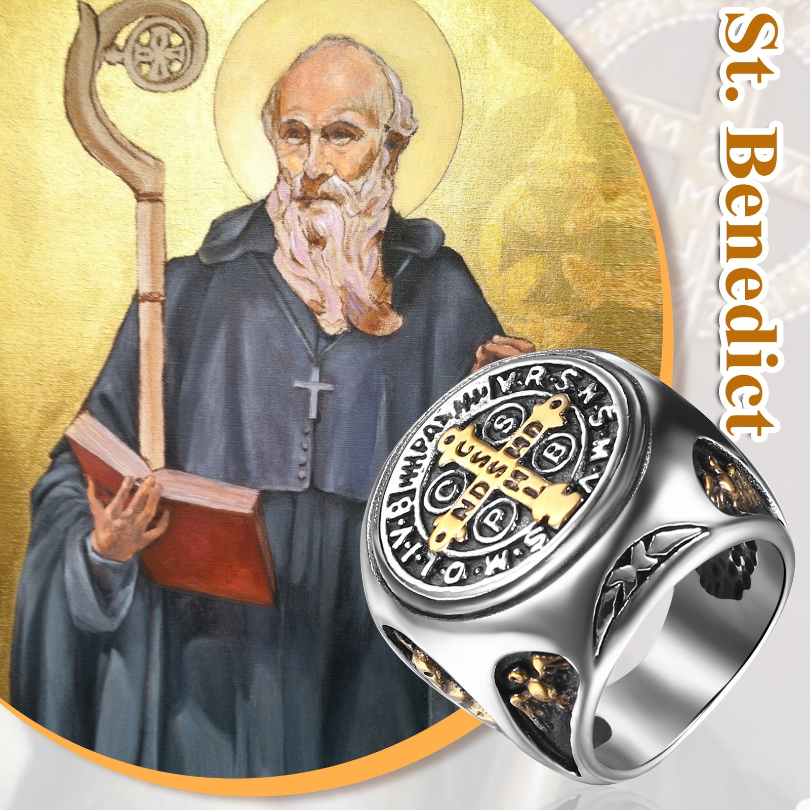 Saint Benedict Medal Stainless Steel Ring: Saint Benedict Ring - Cross Jewelry Perfect Gift