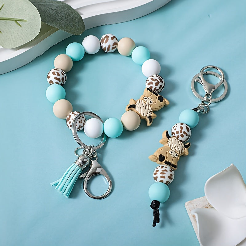 2pcs/set Vintage Cartoon Mint Green Yak Keychain Pendant Western Cowboy Style Handmade Beaded Keychain Bag Clasp Fringed Wrist Key Ring Accessory Perfect Gift for Friends