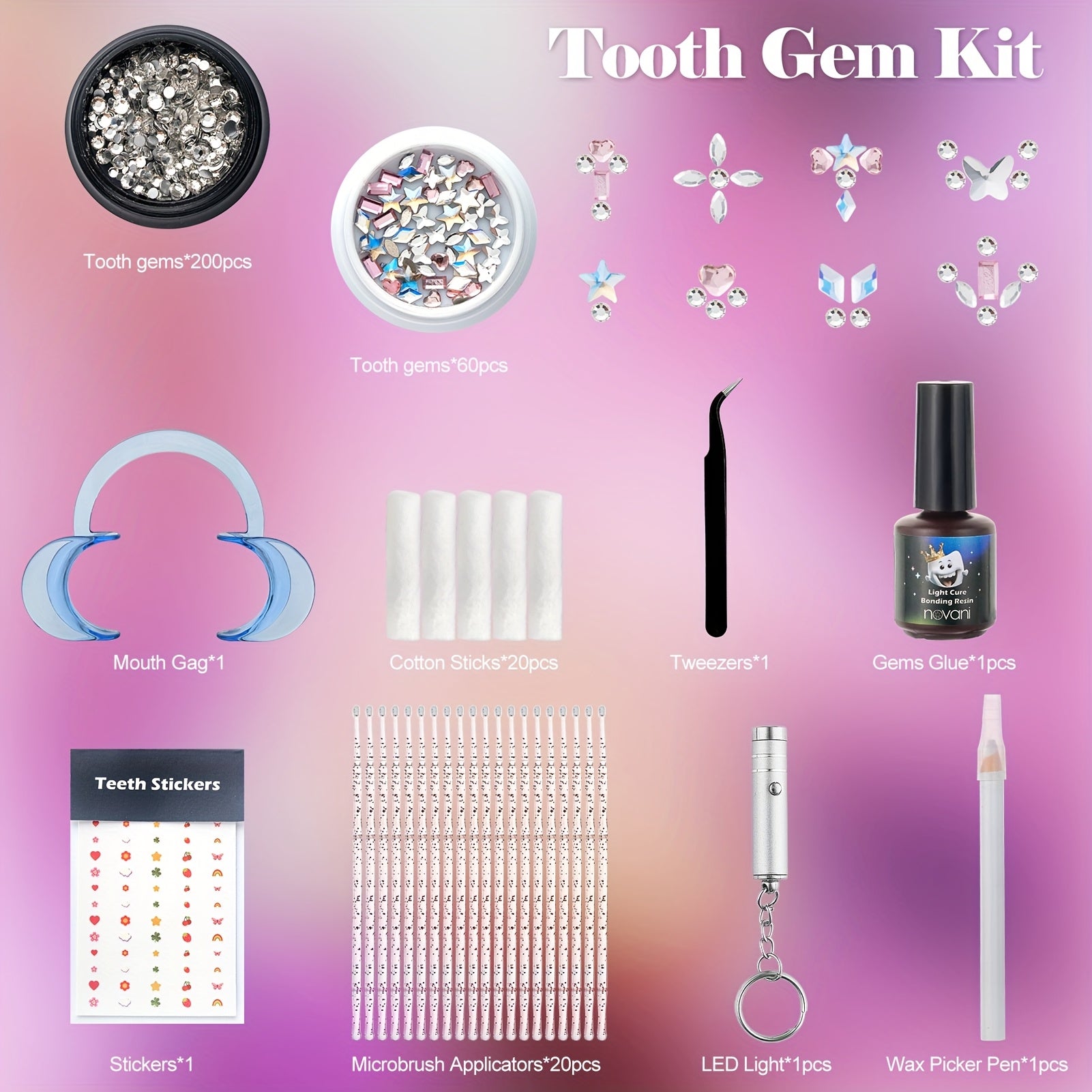 [Professional Tooth Gem Kit] WATRA Professional 260pcs Premium Multi Shaped Artificial Crystal Tooth Gem Kit | 2D Flat, Elegant Flat Back Crystals with Professional Applicator for A Chic, Refined Look, Grillz