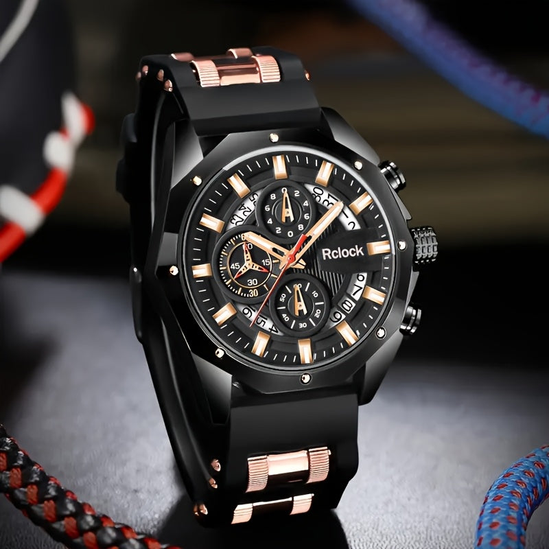 1pc Men'S Vintage Sports Chronograph - Large Round Dial, Silicone Strap, Quartz Movement, Calendar Function, Non-Waterproof Zinc Alloy Case, Battery-Powered Electronic Drive, Perfect Gift for Him