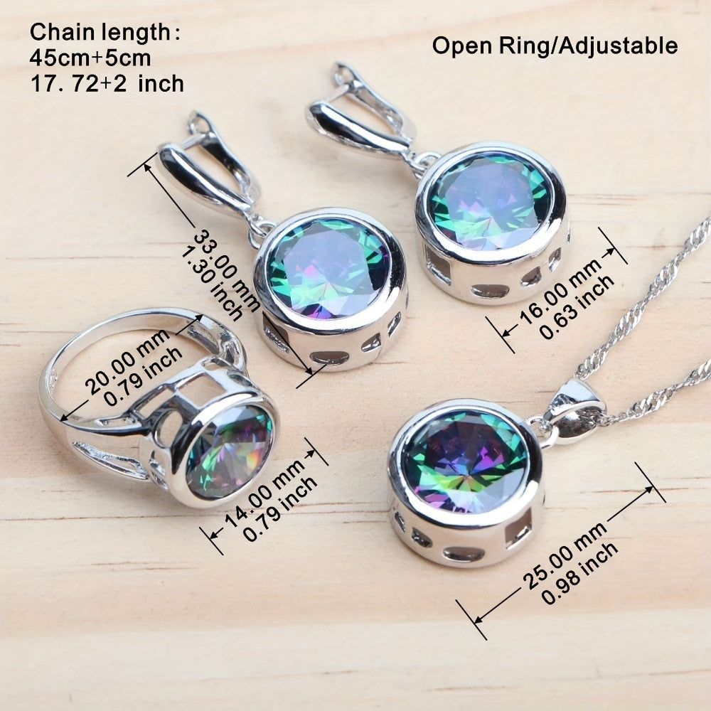 5pcs Vintage And Dazzling Jewelry Set for Women Featuring Rainbow Cubic Zirconia, Including a Ring, Earrings, Pendant, And Necklace, Perfect for Bridal Parties, Weddings, Anniversaries, Birthdays, And Engagements