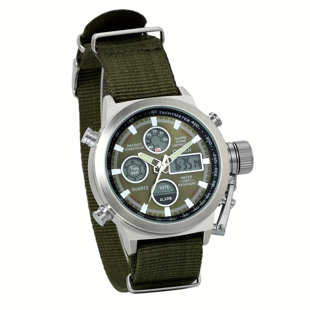 [Christmas Gifts] Men's Tactical Dual Time Army Green Analog Quartz Watch, Digital Sports Watch With Date Display, Alarm, Whole Time Chime, LED Lights, Suitable For Casual Business Outdoor Wear, Sports Enthusiasts' Watches, Christmas Gifts