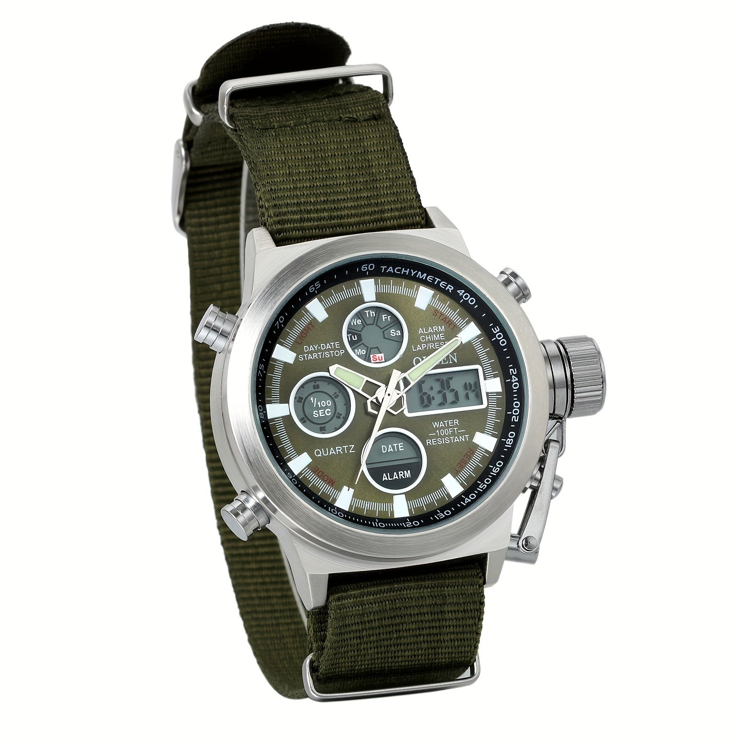 [Christmas Gifts] Men's Tactical Dual Time Army Green Analog Quartz Watch, Digital Sports Watch With Date Display, Alarm, Whole Time Chime, LED Lights, Suitable For Casual Business Outdoor Wear, Sports Enthusiasts' Watches, Christmas Gifts