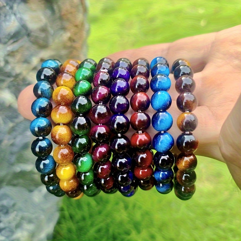 8pcs Set of 8mm Tiger Eye Stone Bracelets- Handmade, Fashionable and Durable, Suitable for Daily Wear- Unisex Design- Perfect Gift for Valentine'S Day, Birthdays, or Any Special Occasion