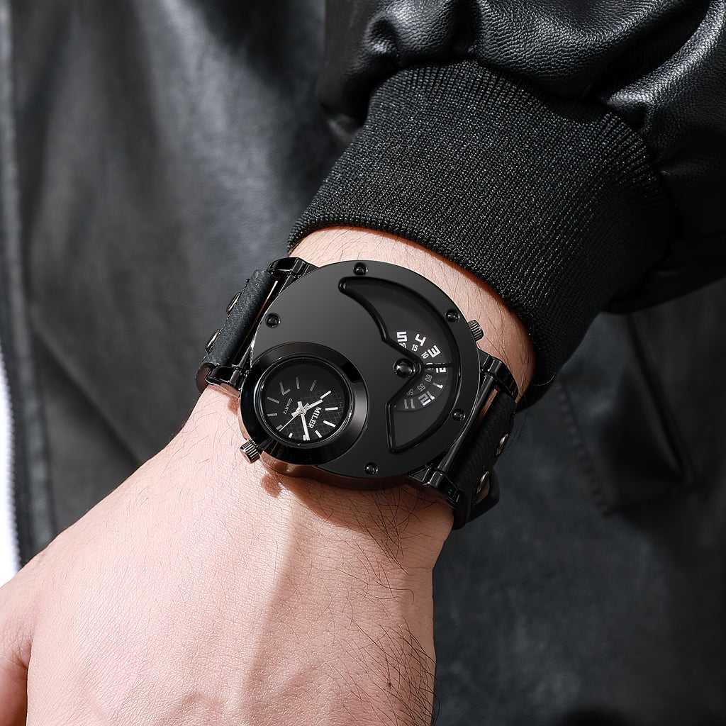 Vintage Men Watch Big Dial Double Time Shows PU Leather Business Quartz Watches for Man Analog Hot Deal Clock