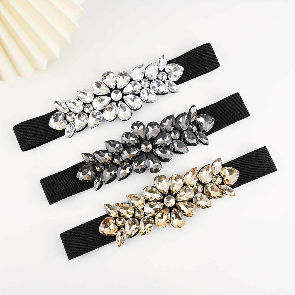 Ladies Fashion Shiny Big Bead Glass Synthetic Gem Exaggerated Gorgeous Style Dinner Stretch Belt