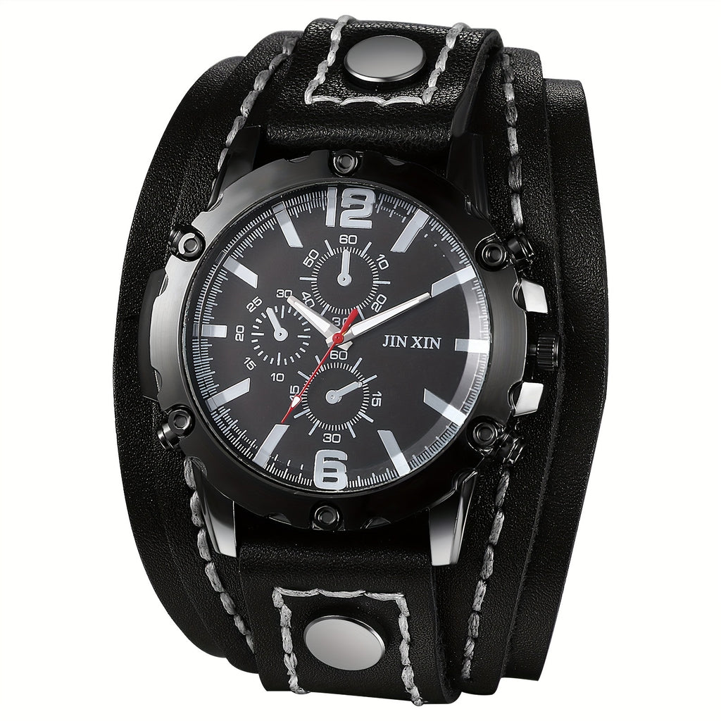 Gothic Punk Style Men Watch Wide Geunine Leather Fashion Cuff Wristwatch for Halloween Party Costume Dress Decoration