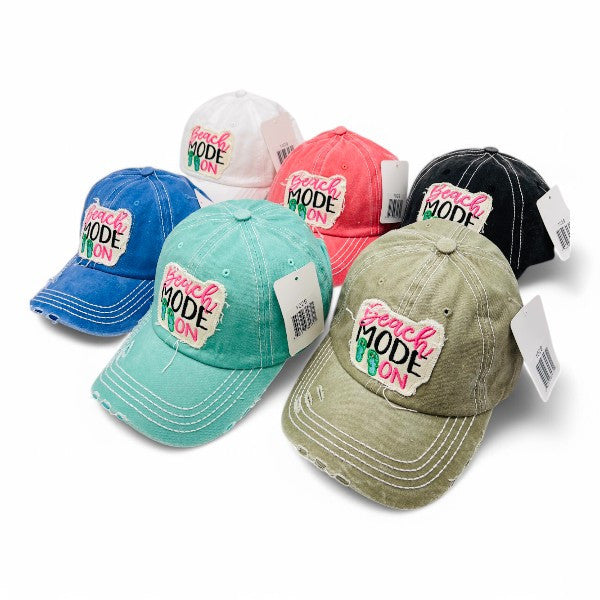 Beach Mode On Vintage Distressed Embroidered Baseball Cap For Women - 100% Cotton, Breathable, Casual, Adjustable, UV Protection