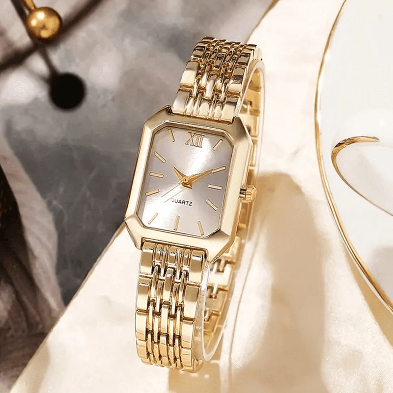 2pcs Elegant Luxurious Gold-tone Women'S Watch Set | Casual Rectangular-dial Analog Wrist Watches with Stainless Steel and Band, Non, Shock-resistant, Special Gift for Women