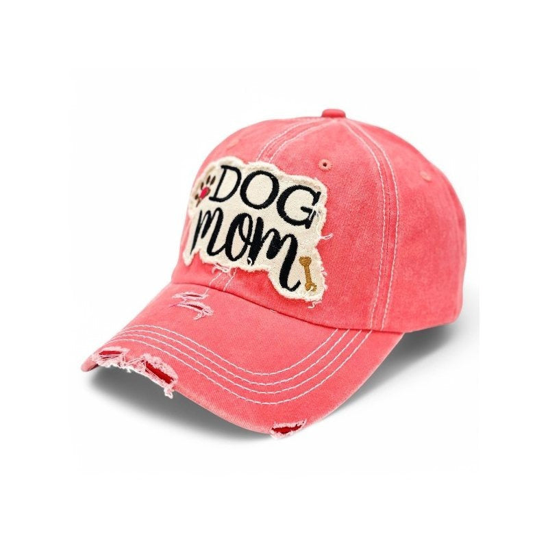 "Dog Mom" Paw and Bone Vintage Distressed Embroidered Baseball Cap For Women - 100% Cotton, Breathable, Casual, Adjustable, UV Protection